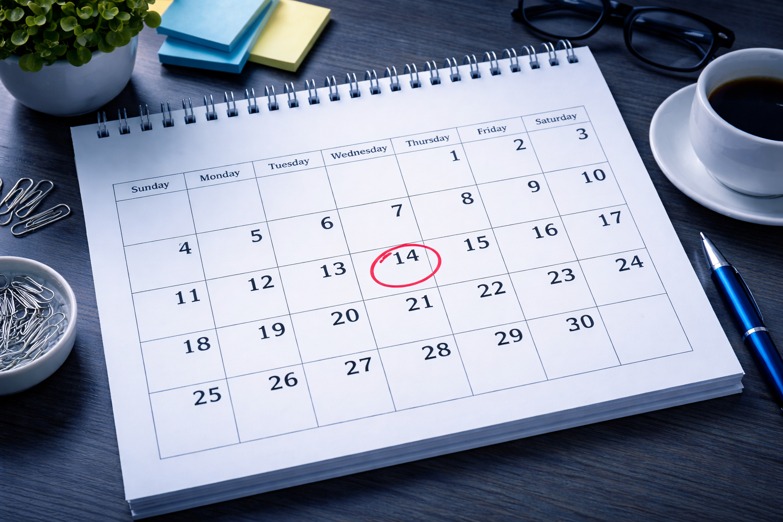 A calendar with the date 14th circled in red, placed on a dark desk. Nearby are a cup of coffee on a saucer, a pair of glasses, a pen, yellow, blue, and green sticky notes, a small potted plant, and a bowl of paperclips.