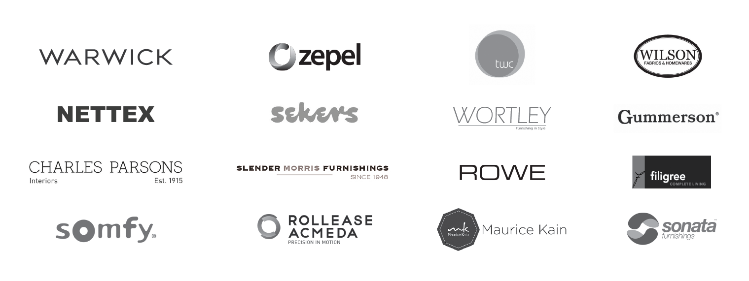 Collection of furniture and homeware brand logos including Warwick, Zepel, TWG, Wilson, Nettex, Sekers, Wortley, Gummerson, Charles Parsons, Slender Morris Furnishings, Rowe, Filigree, Somfy, Rollease Acmeda, Maurice Kain, and Sonata.