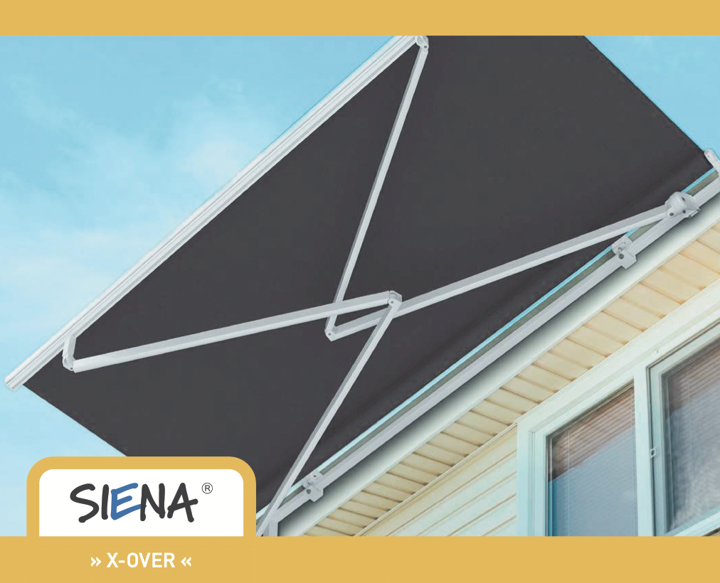 Black foldable outdoor awning extended over a house window, with a sky background.