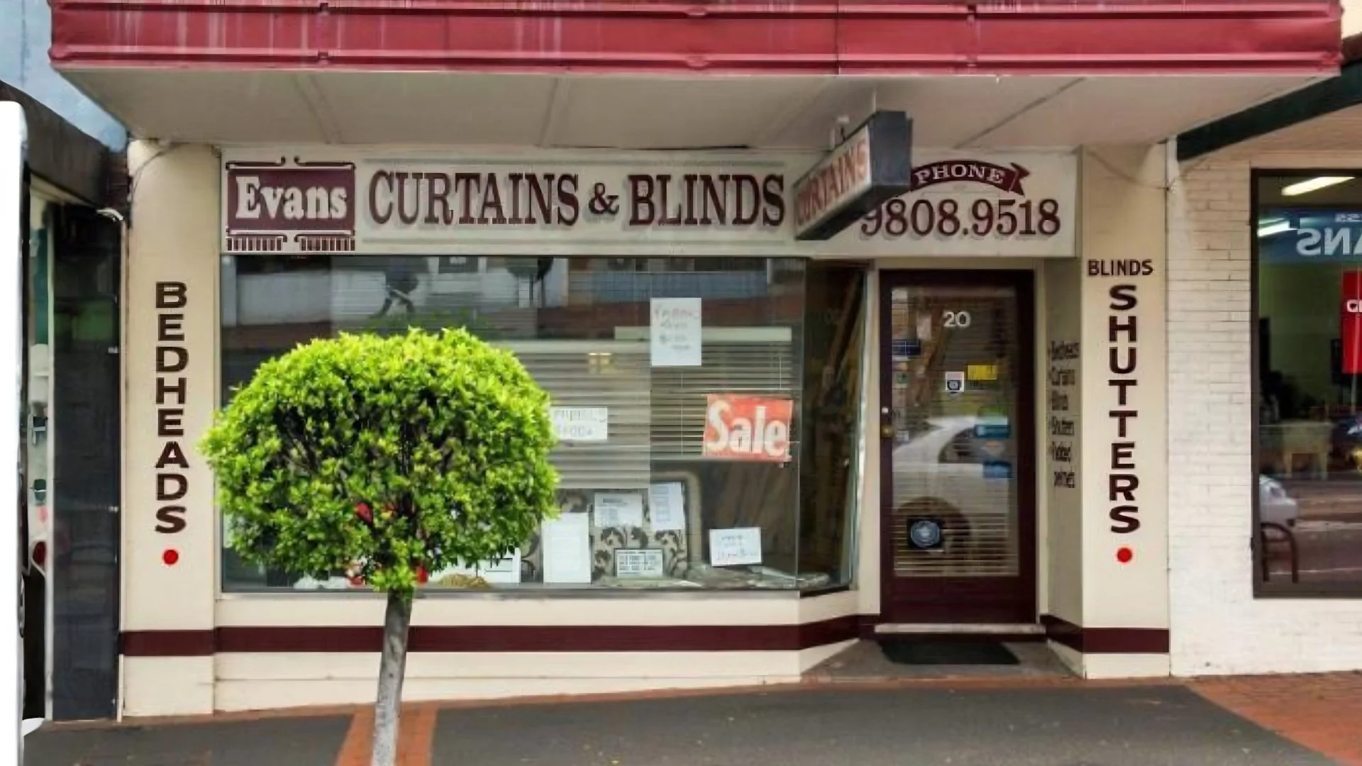 The original Evans Curtains and Blinds storefront, reflecting the business’s long history in window furnishings.