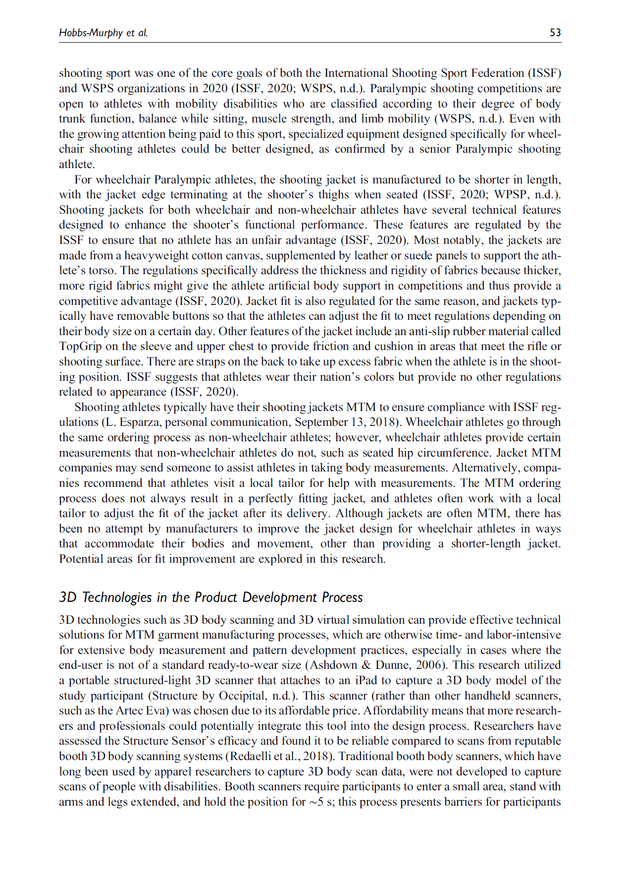A page from an academic article or research paper with text discussing wheelchair para-athletes, sports regulations, and 3D body scanning technology.
