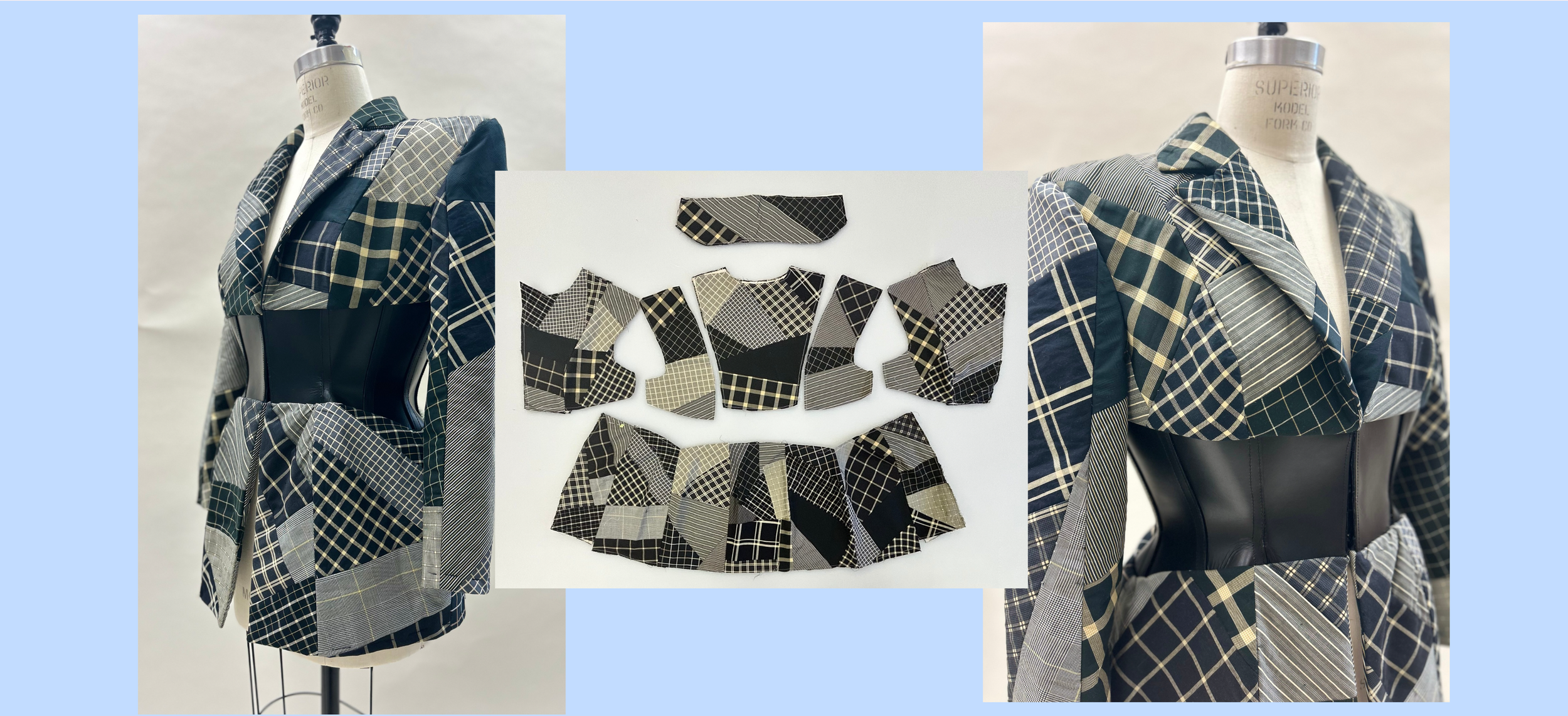 A dress form mannequin displaying a patchwork blazer with a plaid pattern in shades of black, gray, and beige, featuring a wide black waist belt. The central inset shows fabric pieces cut and arranged for the blazer's construction, all in coordinating plaid fabrics.