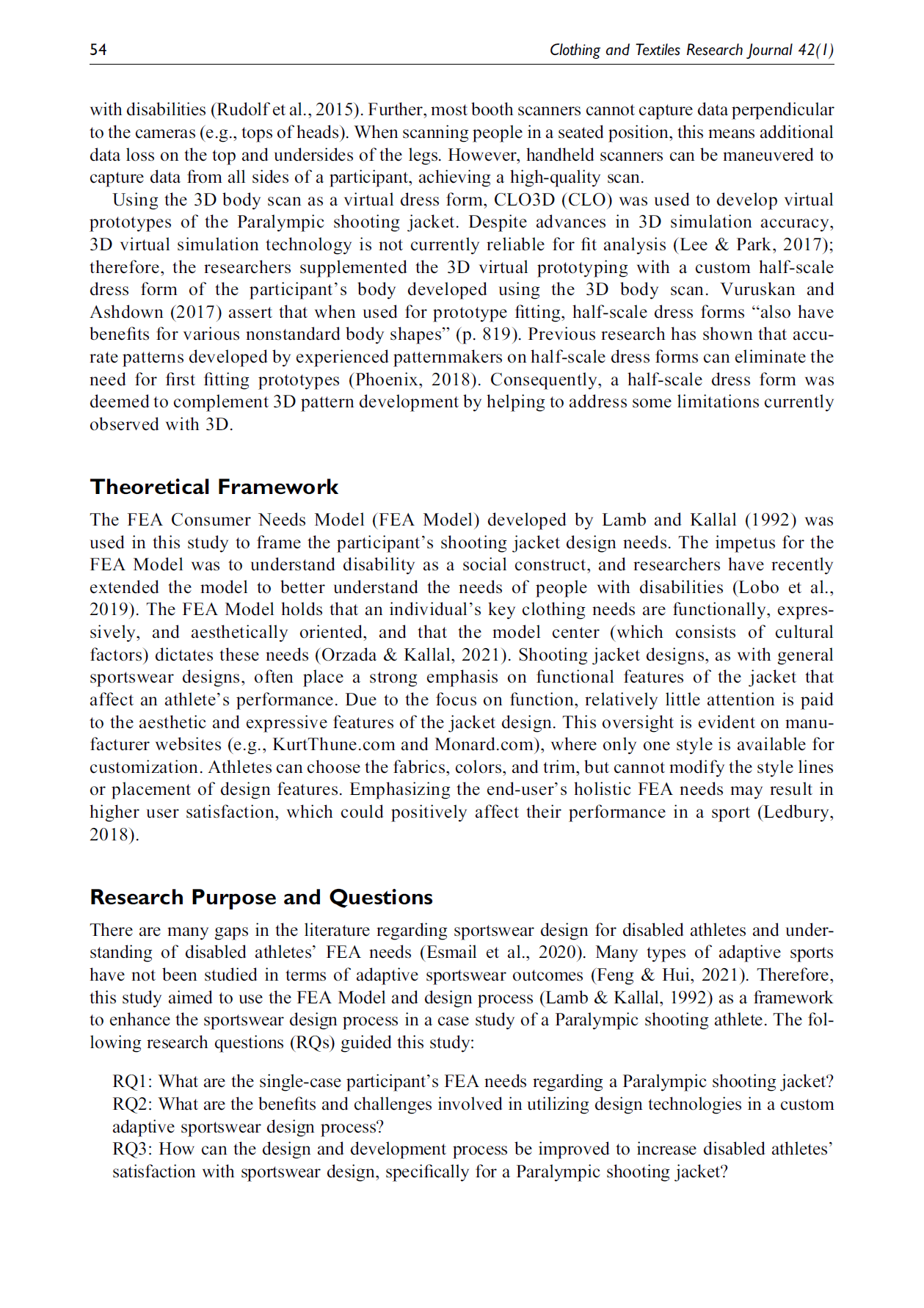 A scanned page from a research journal, titled 'Clothing and Textiles Research Journal 42(1)', discussing AI technology, 3D virtual dress prototypes, the FEA Consumer Needs Model, and research questions on adaptive sportswear design for disabled athletes.