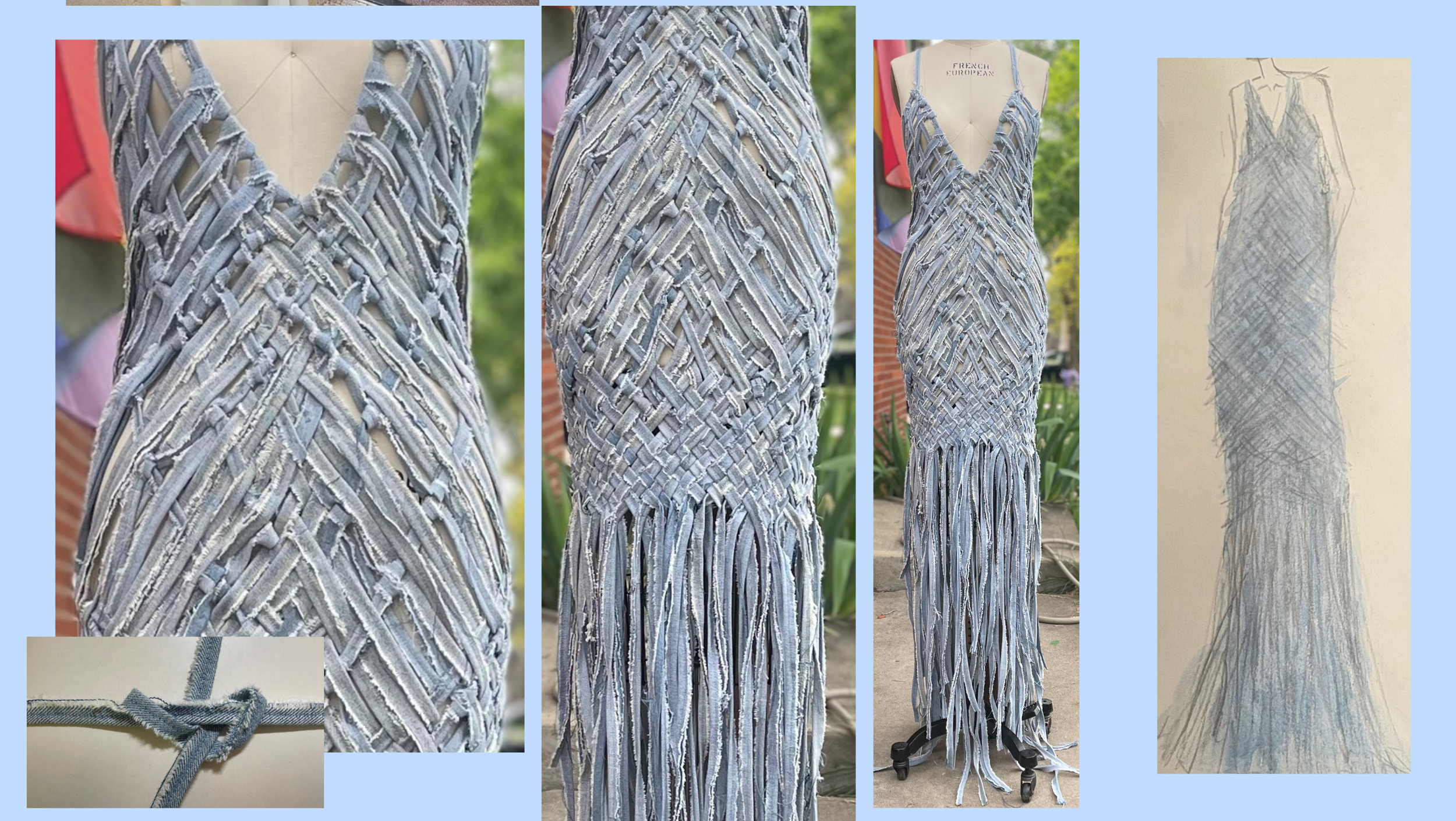 A dress made from denim strips in a woven pattern, displayed on a mannequin and sketched in a fashion design sketch. The denim strips are arranged in a diamond pattern, with a fringe at the hem. The prompt includes a close-up of the fabric's woven details and a tied denim strip, highlighting the dress's construction.