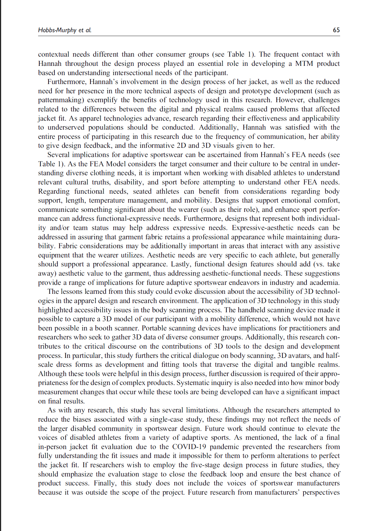 A book page discussing research on adaptive sportswear, 3D technology in apparel design, and the involvement of disabled athletes, with focus on fit, comfort, and accessibility.