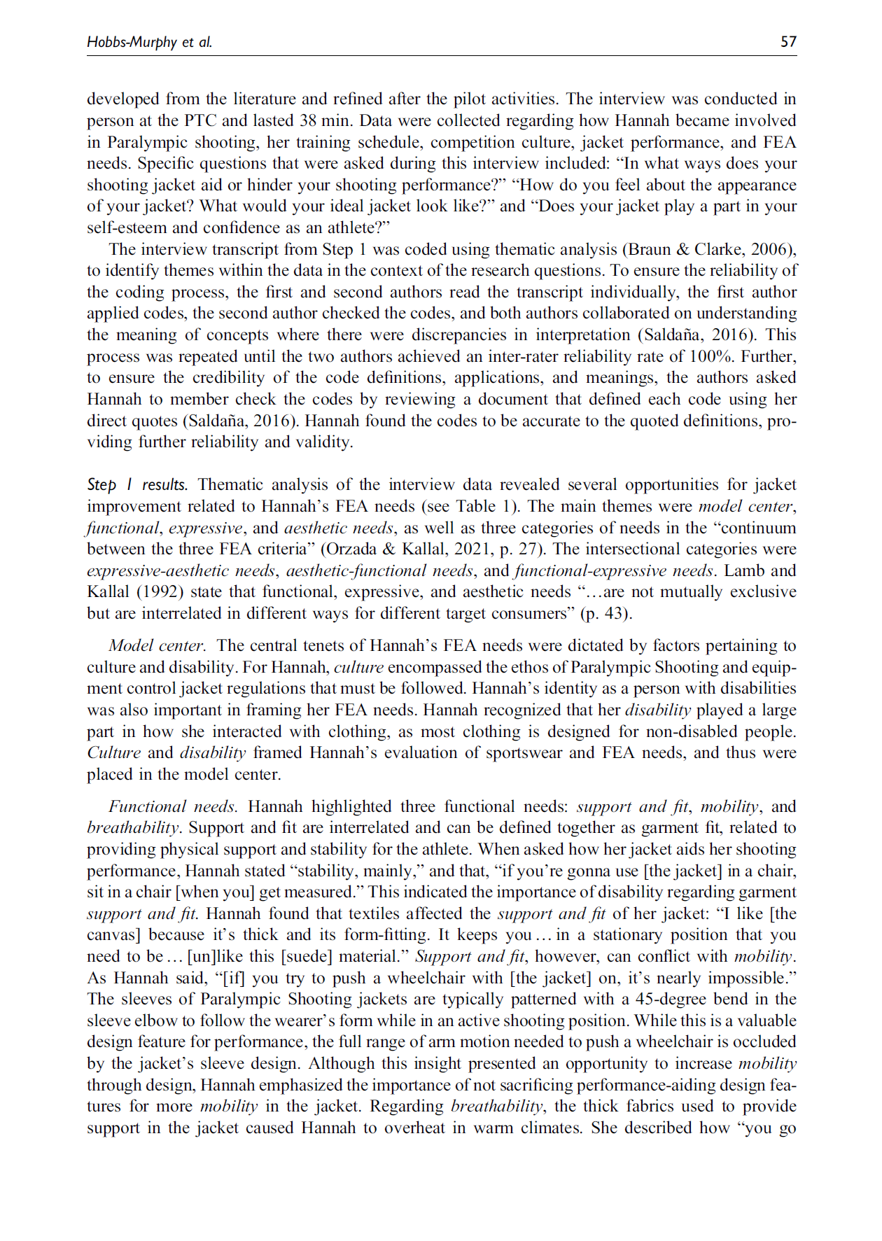 A page from an academic research document, discussing themes related to Hannah's paraplegic shooting jacket, including interview methodology, thematic analysis, and factors influencing her FEA needs, with references to scholarly works.