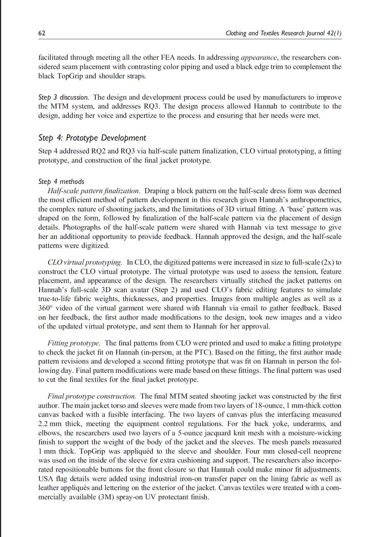 Page from a research journal article discussing a clothing design project, including prototype development and construction details.