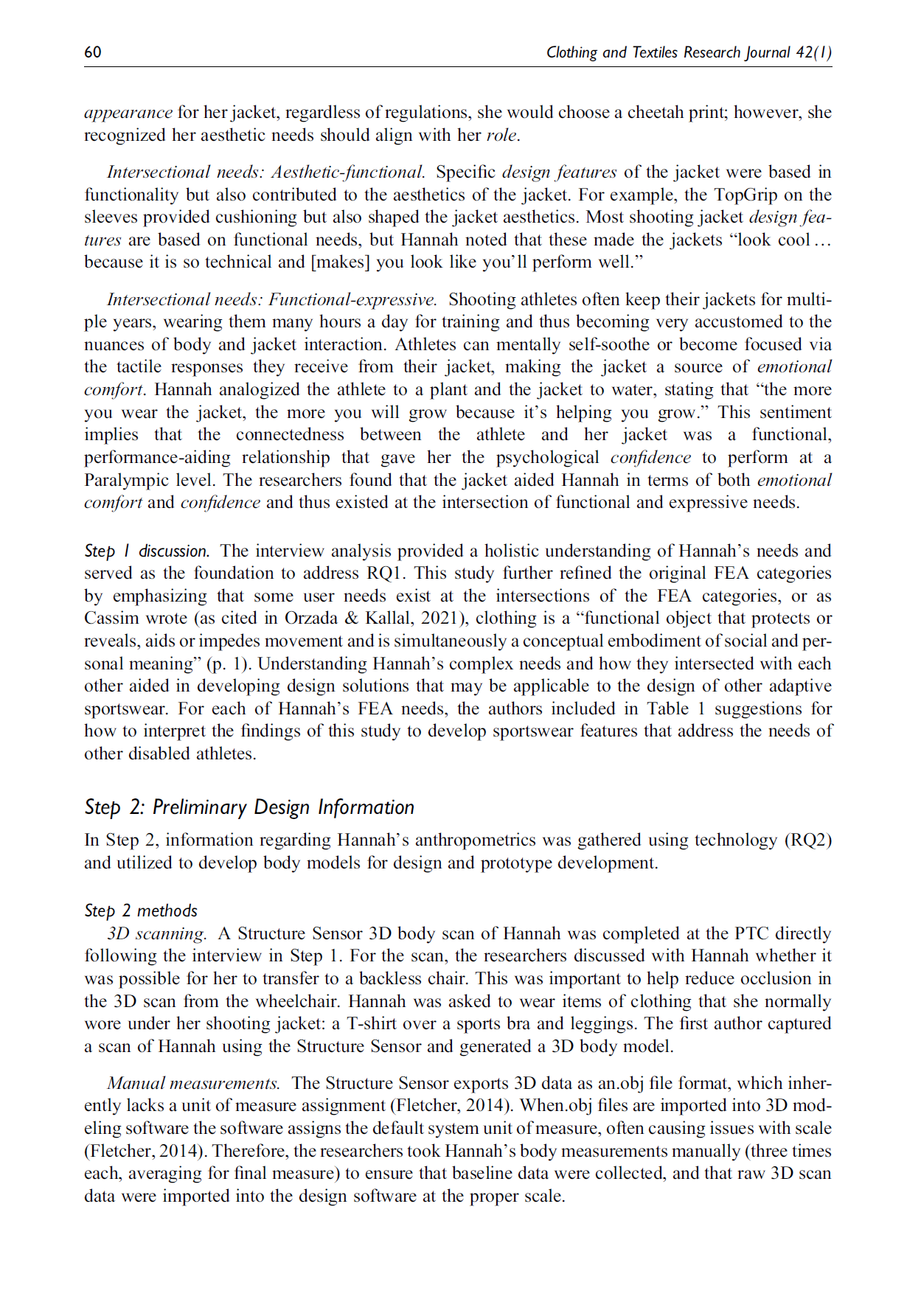 A page from a research journal titled "Clothing and Textiles Research journal 42(1)" with text discussing athletic jackets, design features, and 3D body scans used for sportswear design.