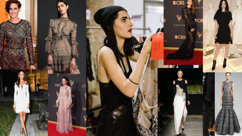 A collage of women in various fashion outfits, including dresses and runway looks, with one woman working on a photoshoot or film set in the center.