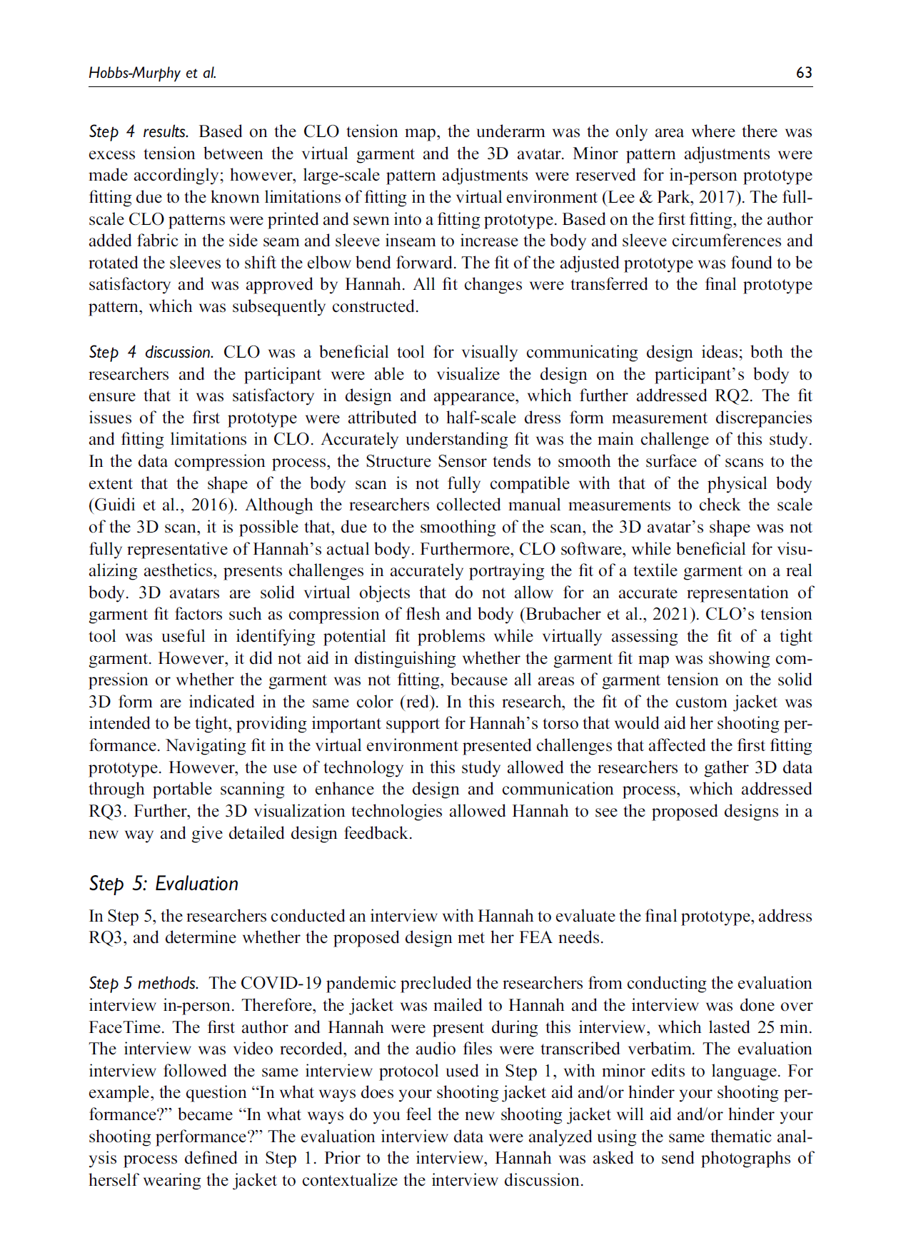 Photograph of a printed academic research paper page with text discussing CLO tension map, virtual prototype fitting, 3D avatar, and evaluation methods, including COVID-19 interview procedures.