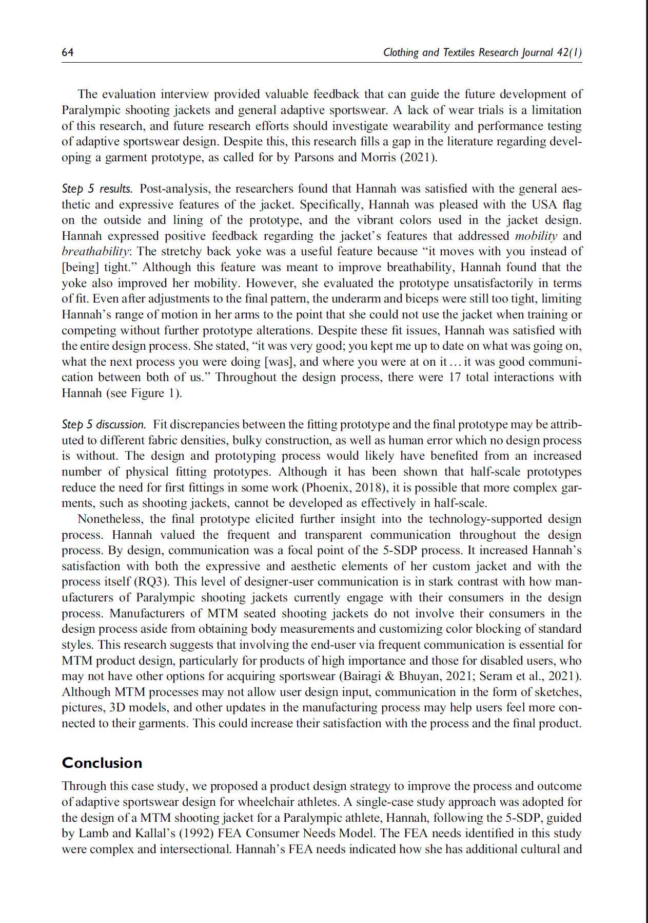 Page from a research journal titled 'Clothing and Textiles Research Journal 42(1)' with text discussing the development and testing of adaptive sportswear, including a case study on a wheelchair athlete's jacket with an illustration referenced in the text.