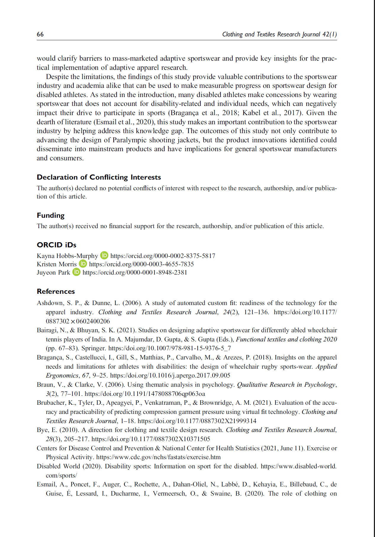 Page from an academic journal titled 'Clothing and Textiles Research Journal', displaying text and references.