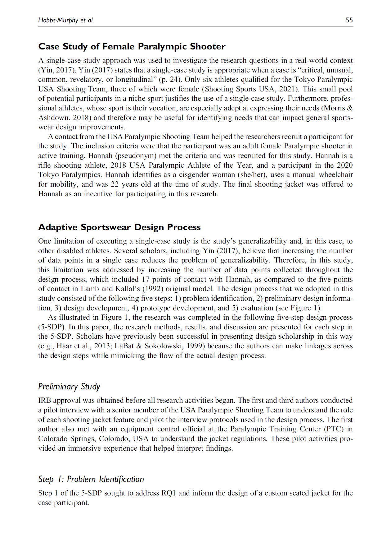 Page from a research paper discussing a case study on a female Paralympic shooter and the adaptive sportswear design process, including sections on research methodology, participant demographics, and study steps.