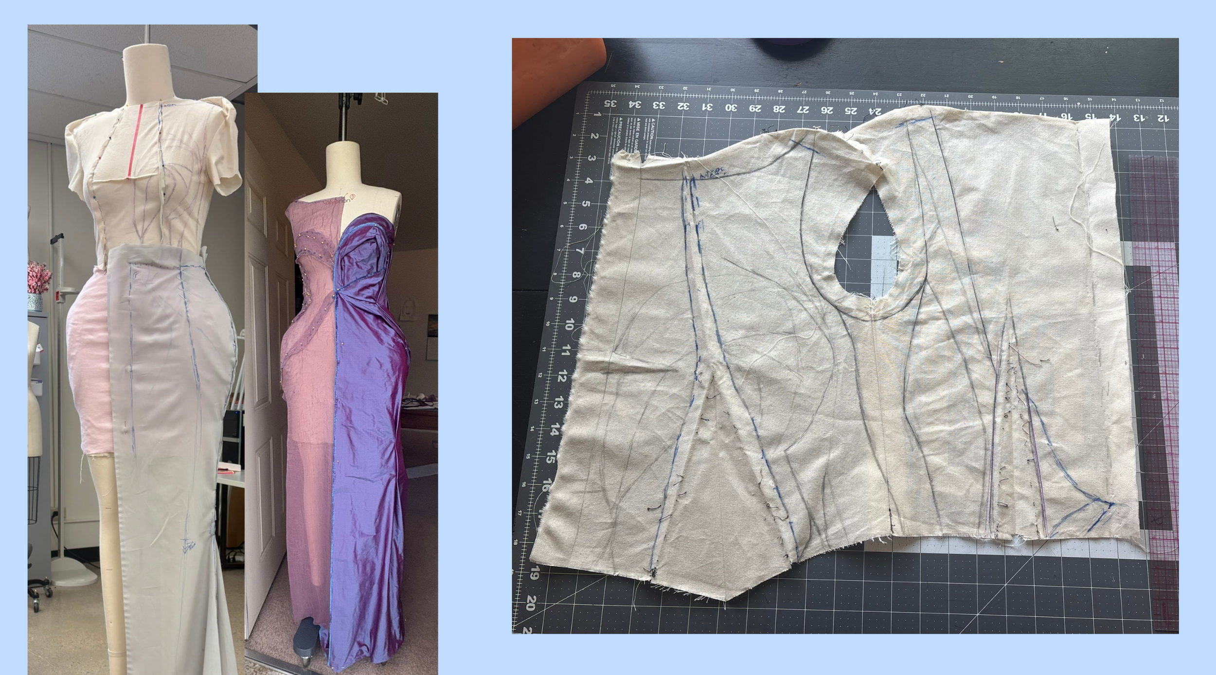 Fabric muslin pattern piece with sewing markings on a cutting mat, surrounded by fabric dress designs on dress forms.