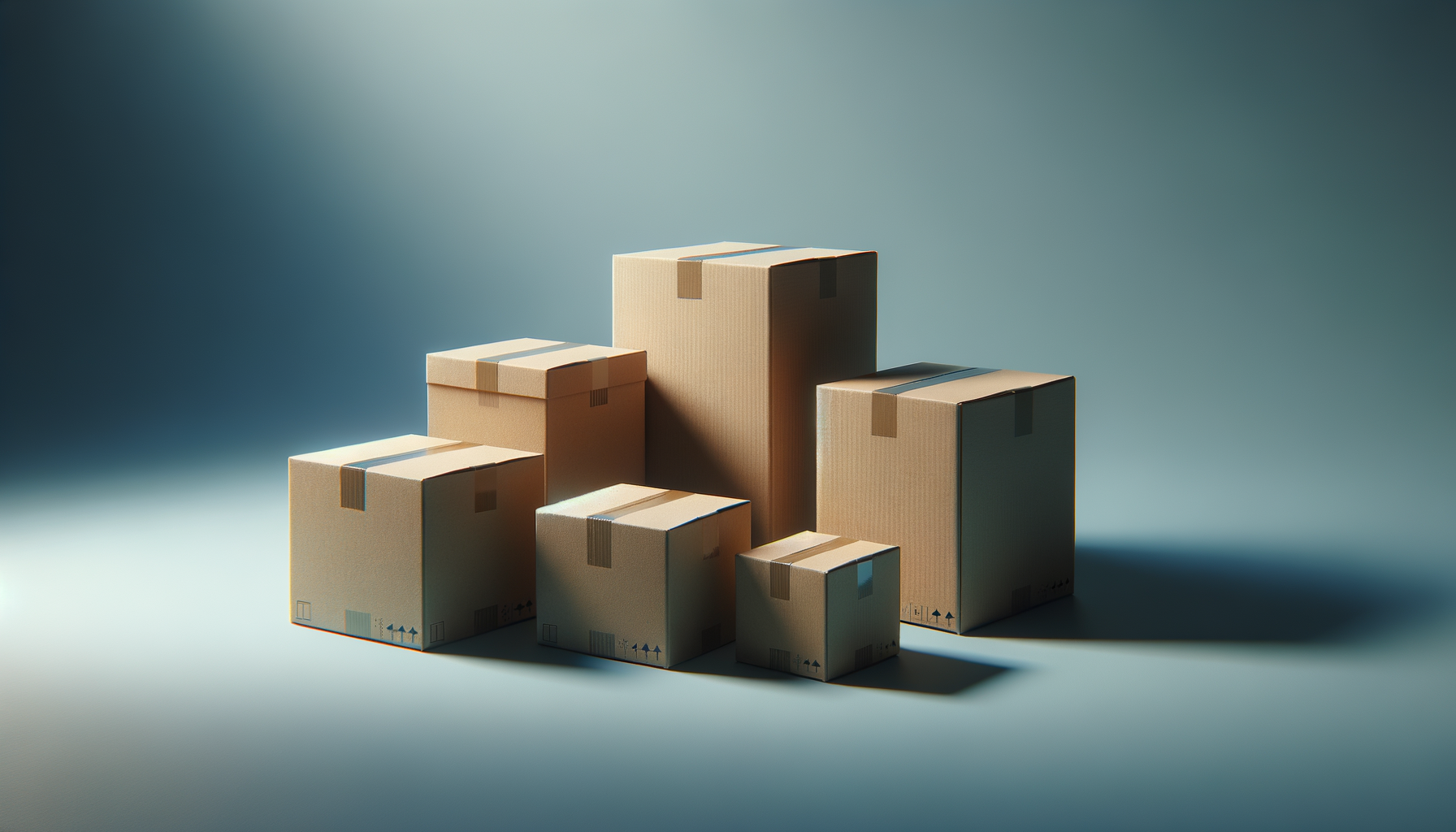 Multiple cardboard boxes of various sizes arranged on a plain surface, illuminated by soft light with a blurred background.