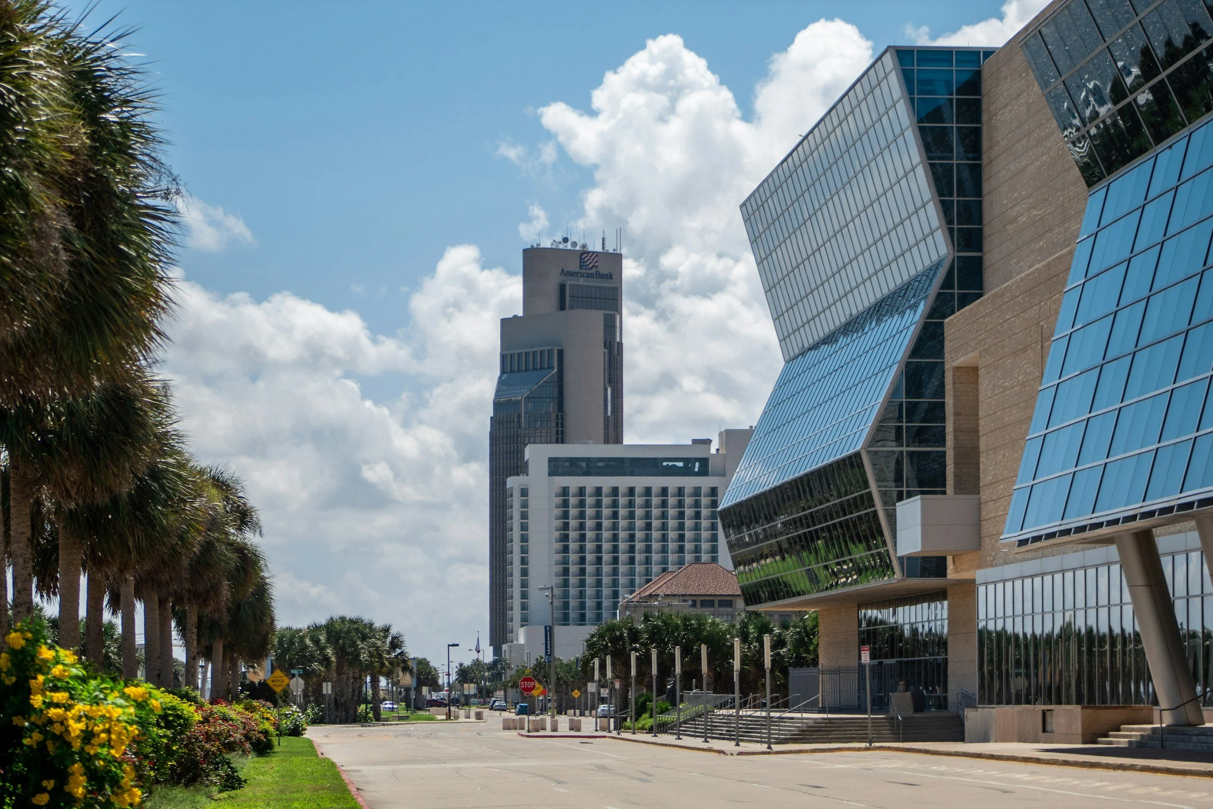 Downtown cityscape with modern glass buildings, palm trees, and a clear blue sky with some clouds.