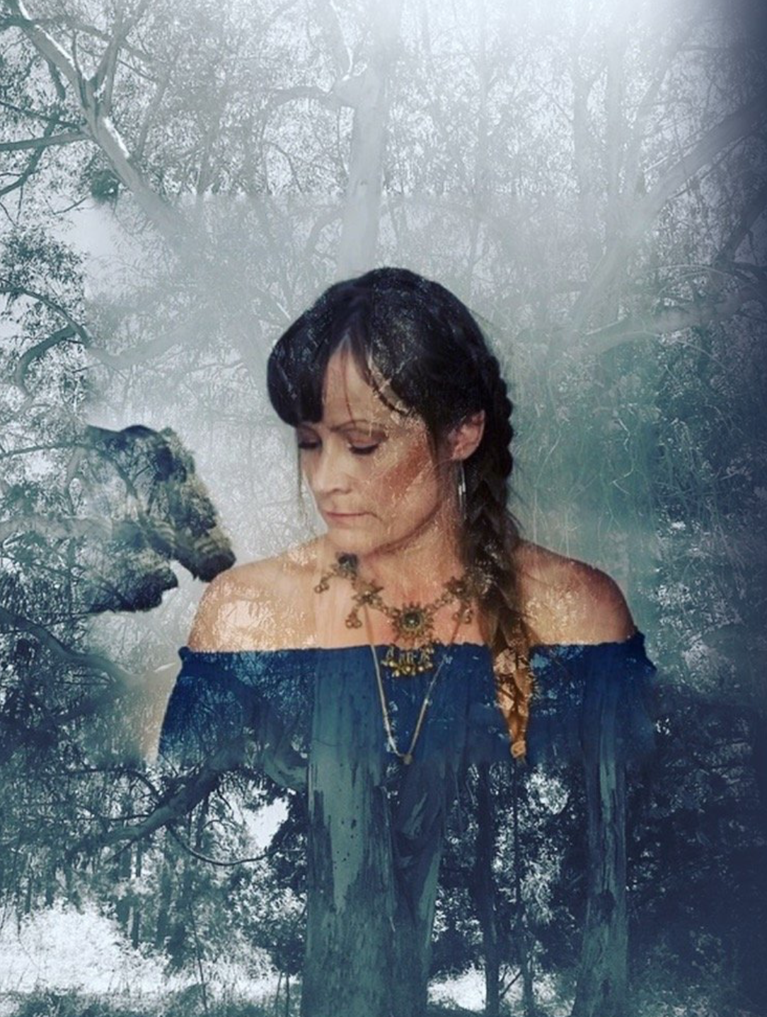 A woman with dark hair styled in a braid, wearing a black off-the-shoulder top and ornate jewelry, appears to be blending into or superimposed over a forest background with trees and branches.