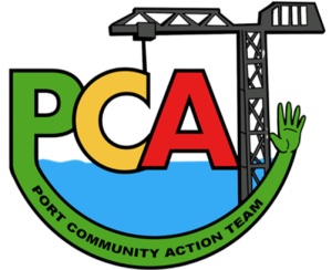 Logo for Port Community Action Team featuring large green, yellow, and red letters 'PCA' with a crane and water background, and a green hand extending upward.