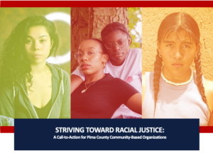 Group of three women of diverse backgrounds with a banner about racial justice for Pima County community organizations.