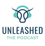 Logo for 'Unleashed The Podcast' featuring a stylized dog's face with headphones and the podcast title below