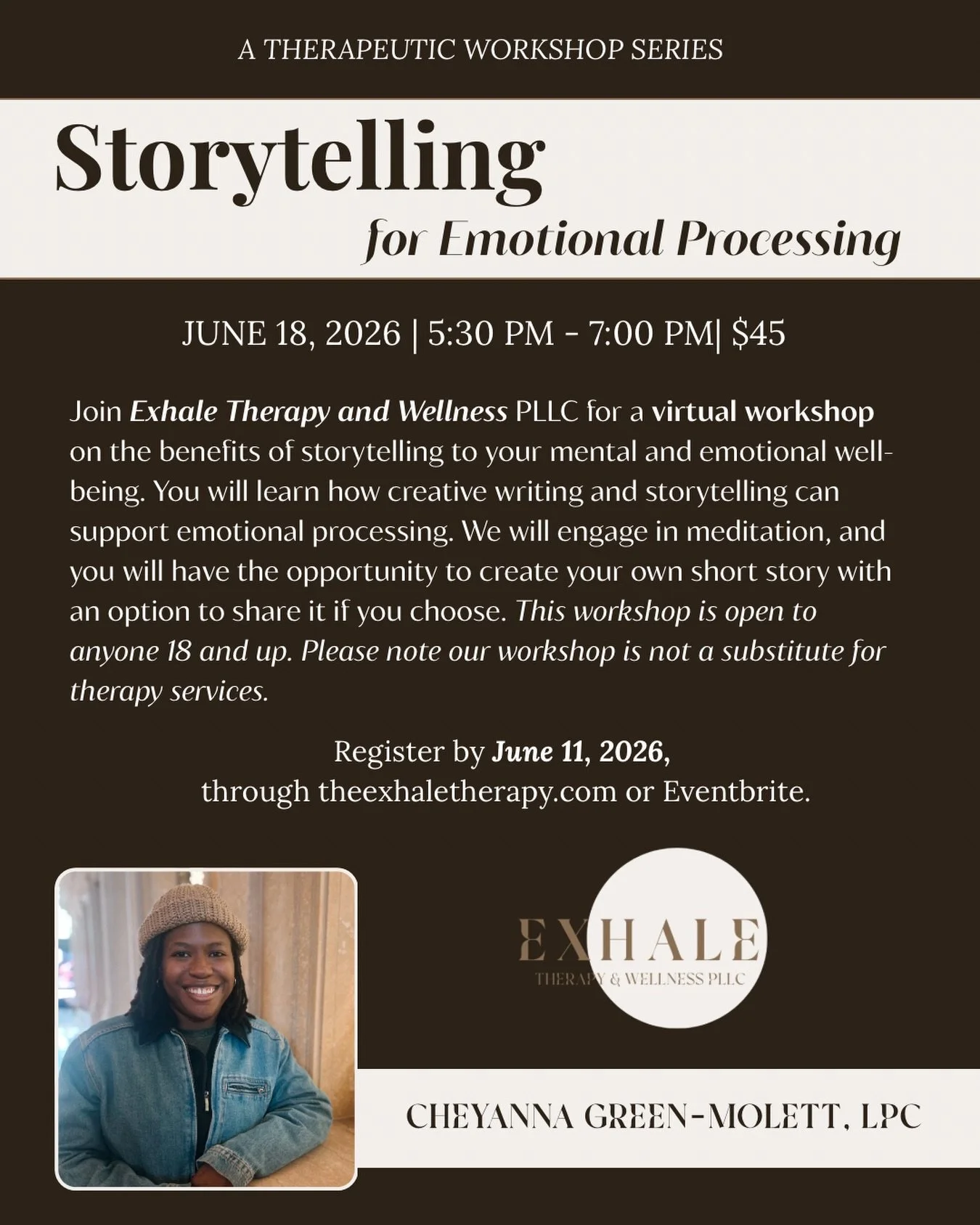 I am hosting a virtual workshop! 

Join us for Storytelling for Emotional Processing, a therapeutic workshop exploring how creative writing and storytelling can support emotional wellness through self-expression. As a group, we&rsquo;ll engage in gui
