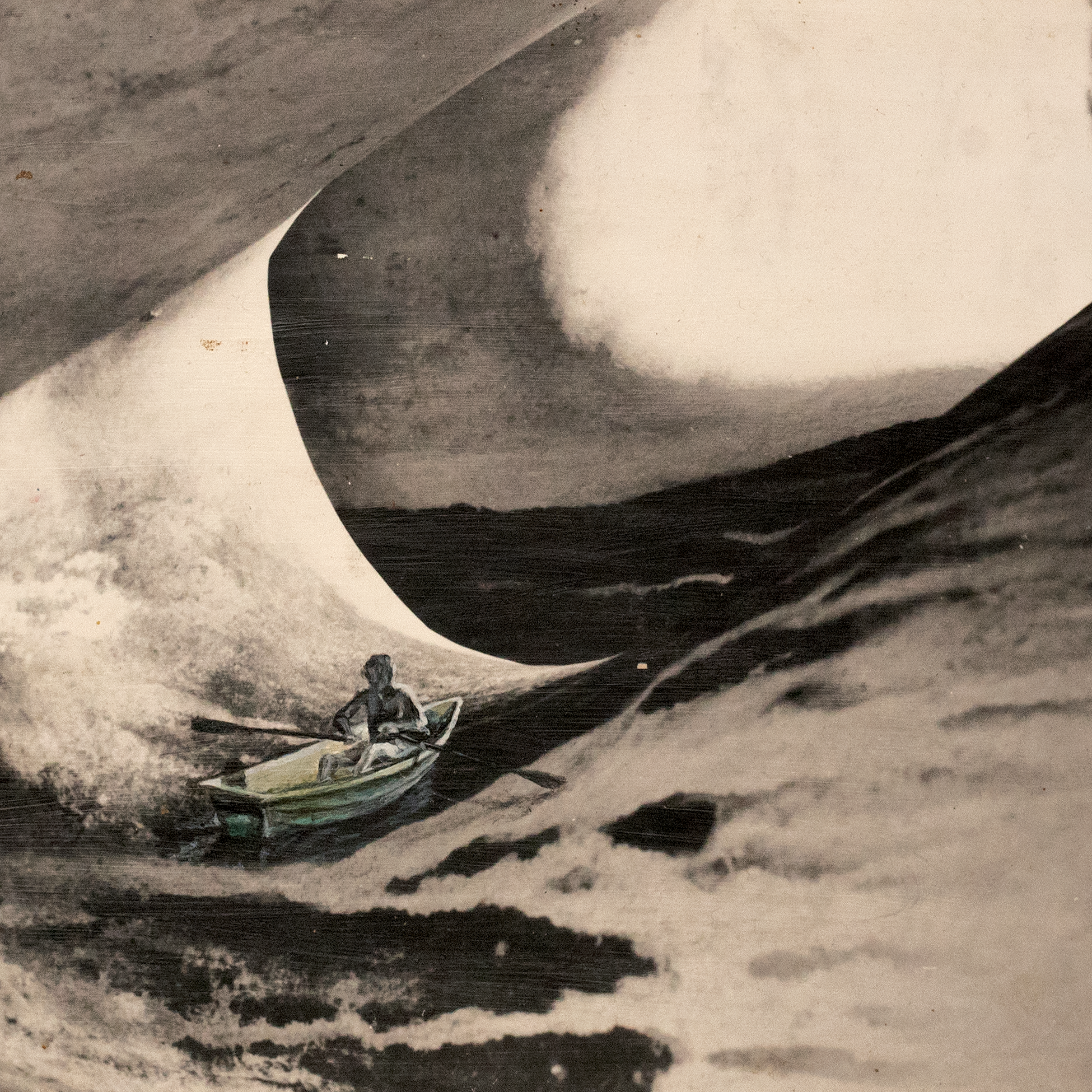 A person in a small boat navigating through large ocean waves during a storm. Cover art for the Julian Saunders album, "Two Geeese".