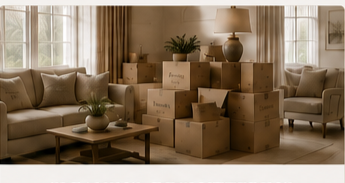 Living room with beige sofa and armchairs, wooden coffee table, cardboard moving boxes, and decorative items on shelves