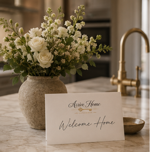 A floral arrangement with white roses and other white flowers in a textured beige vase next to a welcome home sign on a kitchen marble countertop.