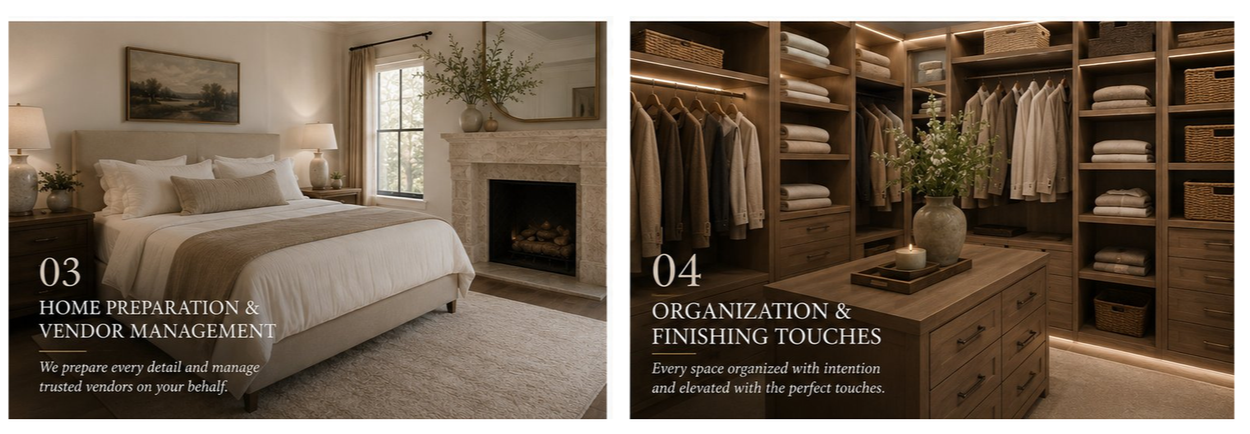 Images of a bedroom and a walk-in closet, showcasing home organization and management with neatly arranged furniture, bed, fireplace, and well-organized wardrobe.