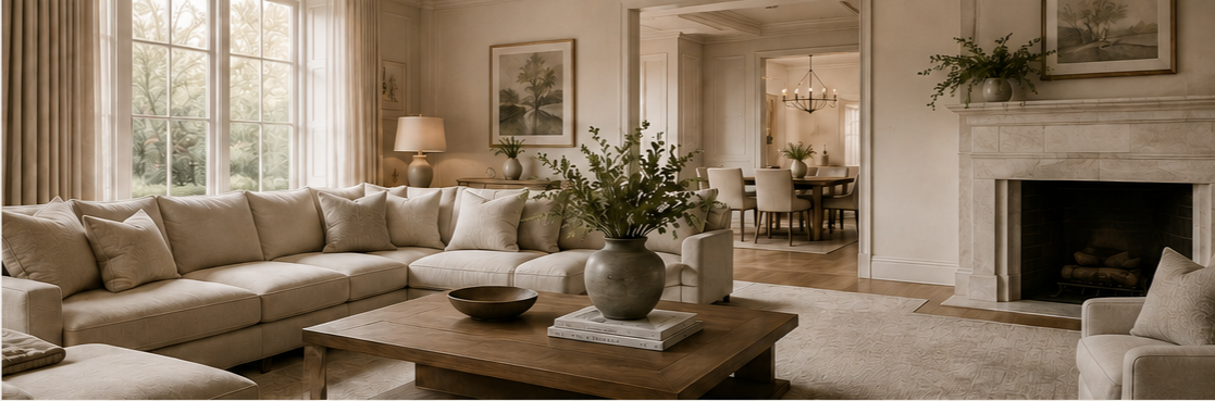 Living room with beige sofa, wooden coffee table with a vase and book, fireplace, and large window with curtains