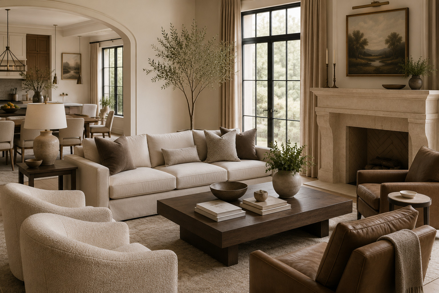A cozy living room with a cream sofa and throw pillows, a dark wood coffee table with books and decorative bowls, a white armchair, potted plants, large windows with beige curtains, a fireplace with a painting above it, and a dining area with a dining table and chairs in the background.