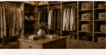 A walk-in closet with shelves filled with folded clothes, storage boxes, and hanging garments, and a central wooden dresser with decorative items.