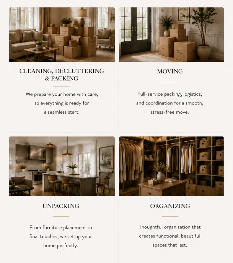 A four-part layout showcasing home moving services. Top left: living room with sofas, coffee table, and boxes labeled 'Arrive Here'; top right: front door with boxes and plants; bottom left: modern kitchen with island and dining area; bottom right: walk-in closet with clothing and storage boxes.