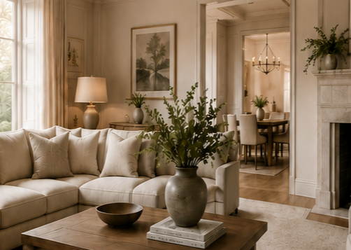 Living room with beige sofa, large potted plant on coffee table, lamps, and framed artwork, with a view into a dining area with a chandelier.