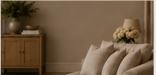 Living room with beige sofa, pillows, wooden cabinet, potted plant, and table lamp with floral arrangement.