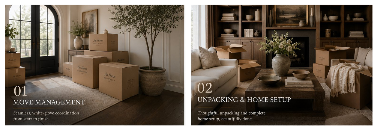 Two photos of a living room in a house. The first photo shows several packed moving boxes near a large window. The second photo shows unpacked boxes and a finished, decorated living room with a coffee table, floral arrangement, and comfortable furniture.