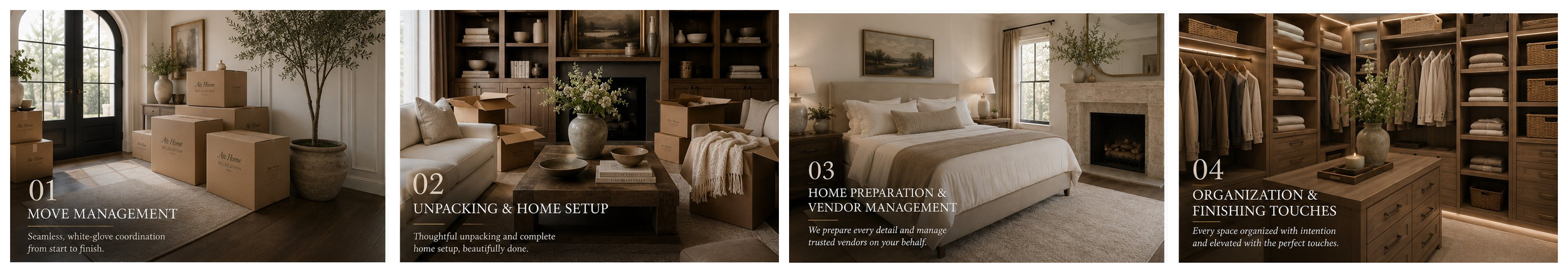 A four-panel collage illustrating home staging and organization. Panel 1 shows boxes near a glass door with oversized potted plant, labeled 'Move Management.' Panel 2 depicts a living room with packed boxes and a flower arrangement, labeled 'Unpacking & Home Setup.' Panel 3 features a bedroom with neatly made bed, fireplace, and window, labeled 'Home Preparation & Vendor Management.' Panel 4 displays organized closet shelves with folded clothes and storage baskets, labeled 'Organization & Finishing Touches.'