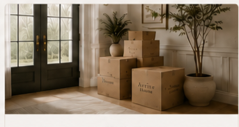 A set of cardboard moving boxes stacked inside a room near glass doors, with potted plants nearby, in a well-lit home interior.