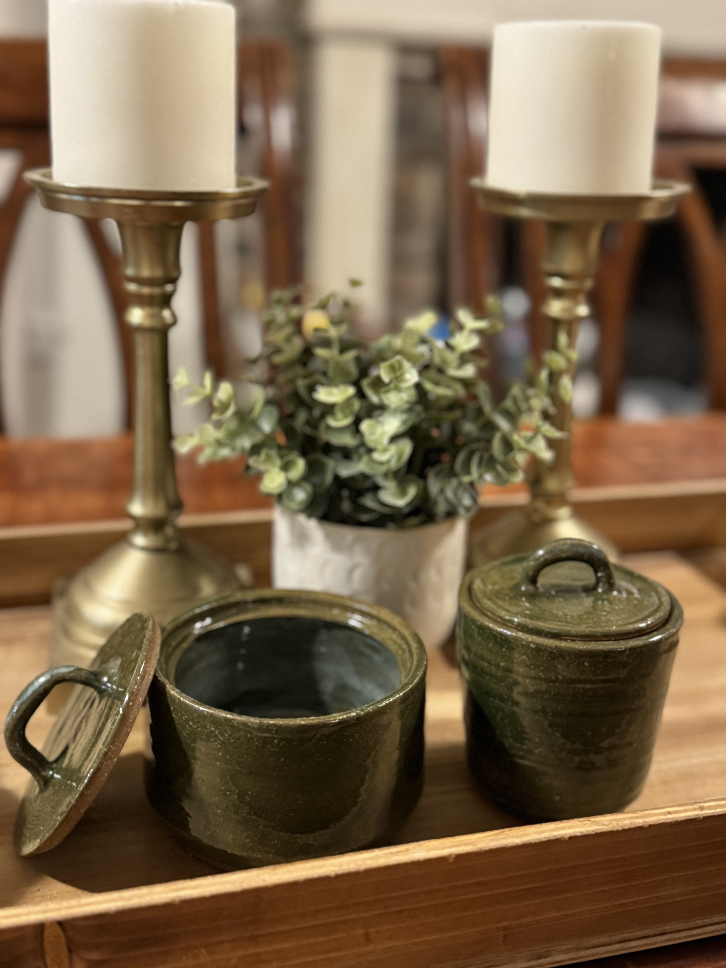 2 Handcrafted Green Lidded Pottery Jars