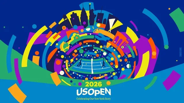 Colorful, abstract illustration of a tennis court with the text "2026 US Open" and "Celebrating Our New York Story." U.S. Open Art.