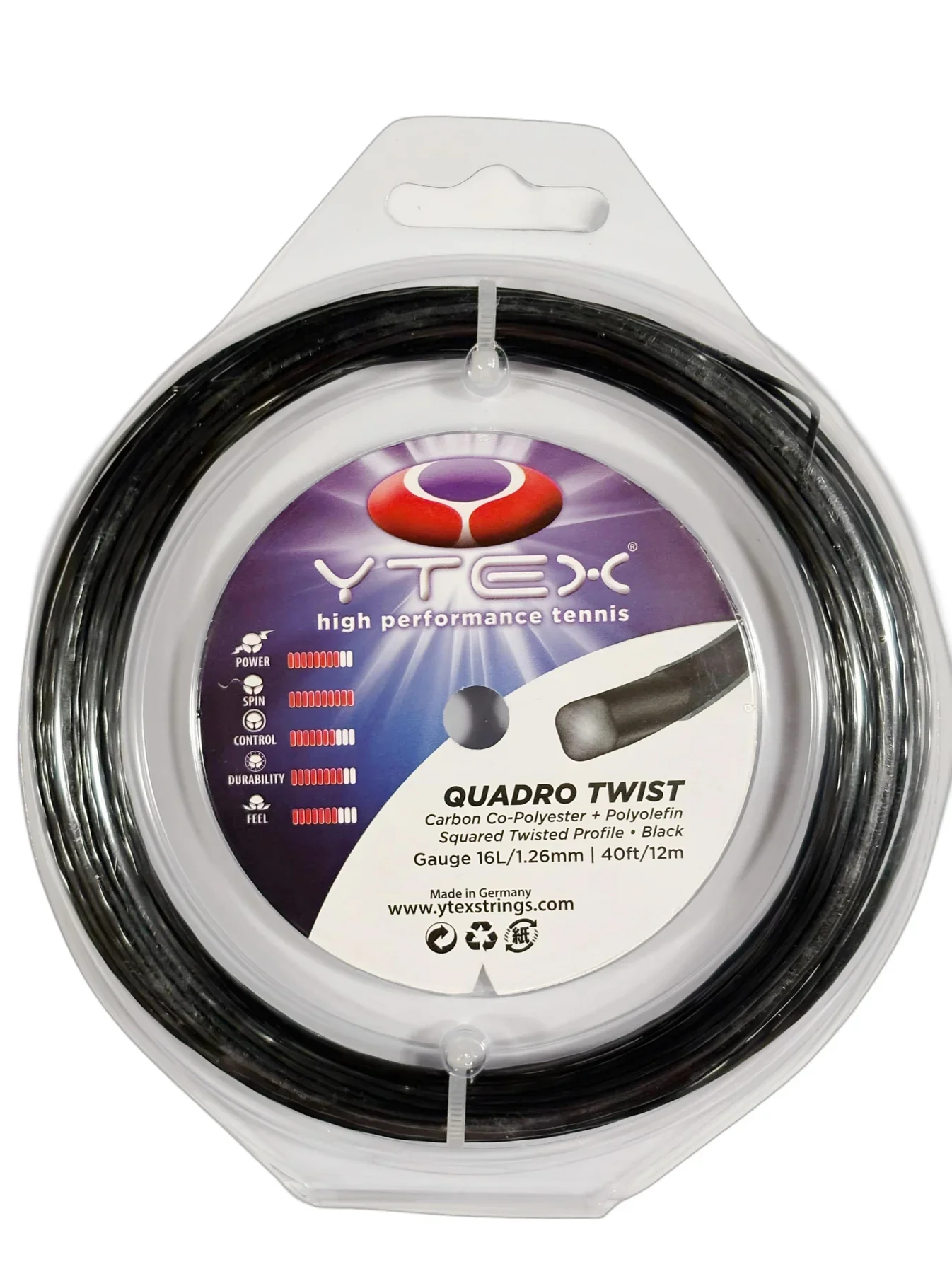 Spool of black Y-Tex Quadro Twist tennis string in clear plastic packaging
