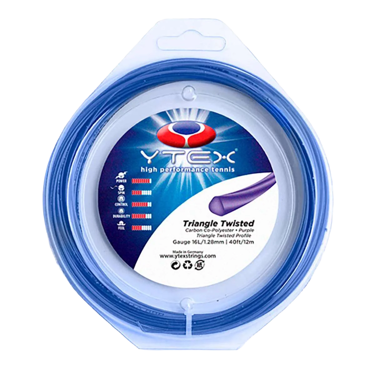 Blue spool of YTEX high performance tennis string labeled as 'Triangle Twisted,' 16 gauge, purple color, in packaging made in Germany.