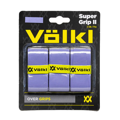 Package of three purple motorcycle handlebar grips with yellow Väikli branding, labeled as Super Grip II.