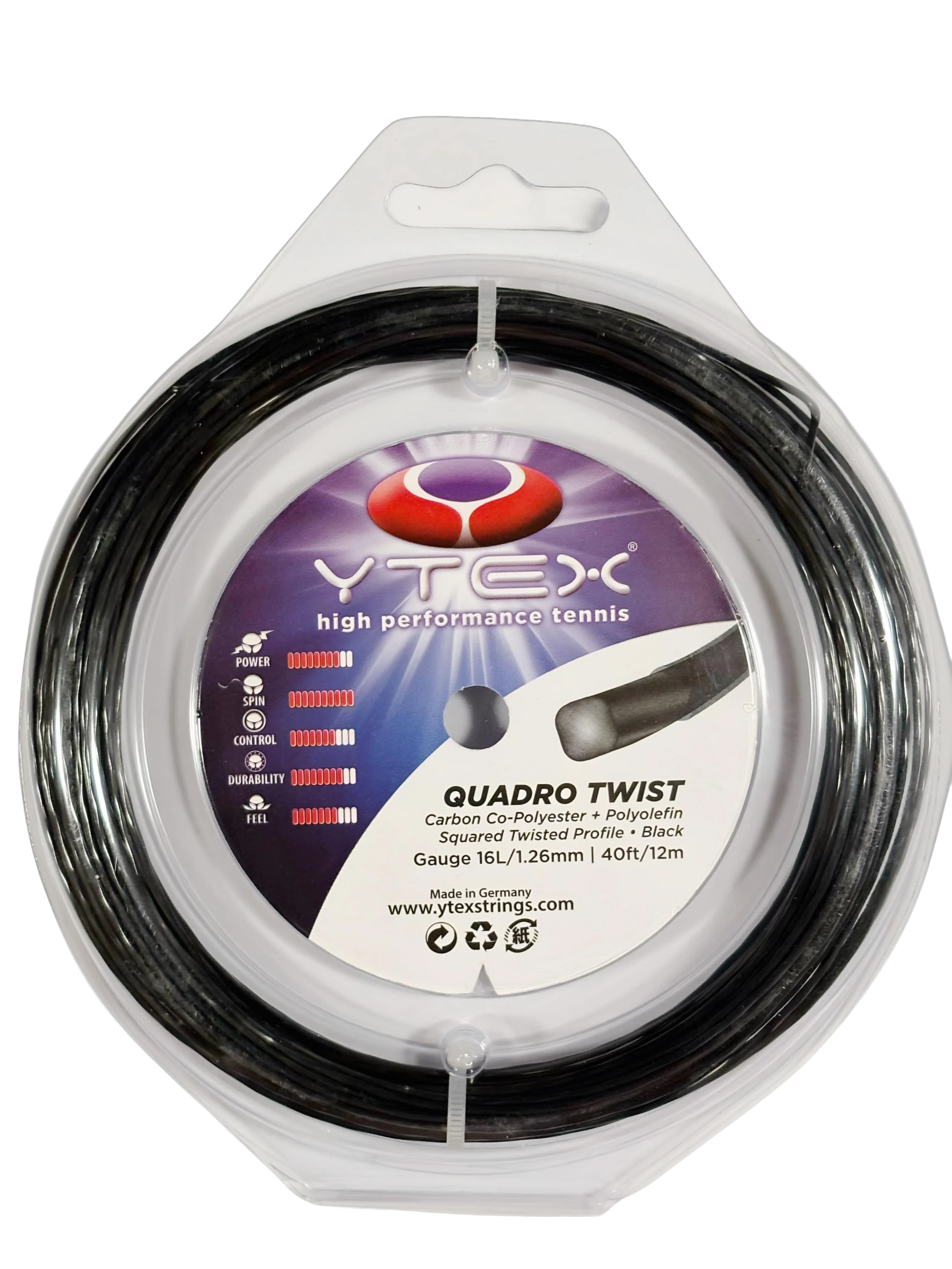 Y-Tex Quadro Twist high performance tennis string package showing a coiled black string in a clear plastic container with a purple and white label.