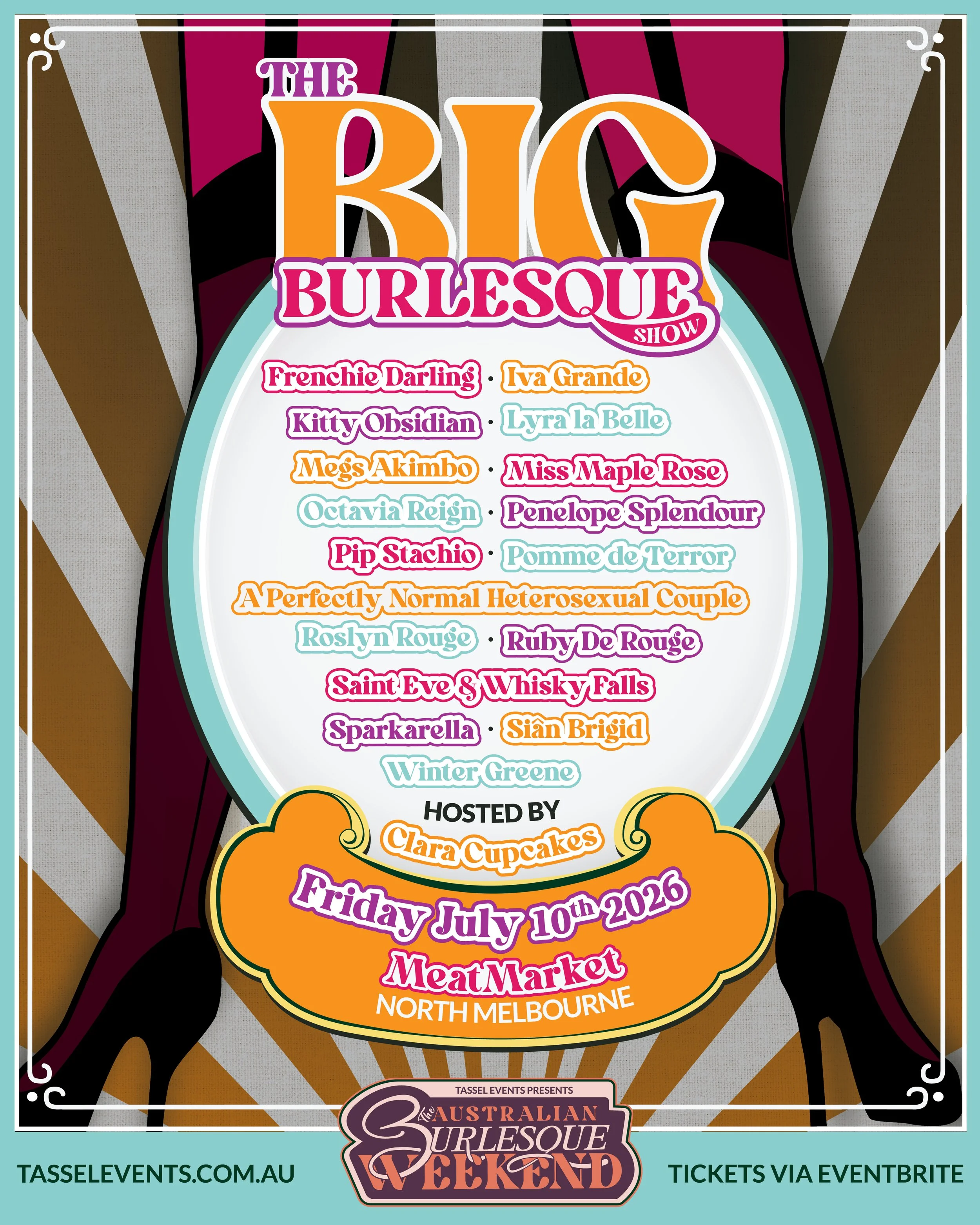 A promotional poster for the Melbourne burlesque show The big burlesque show. It features a list of performers.