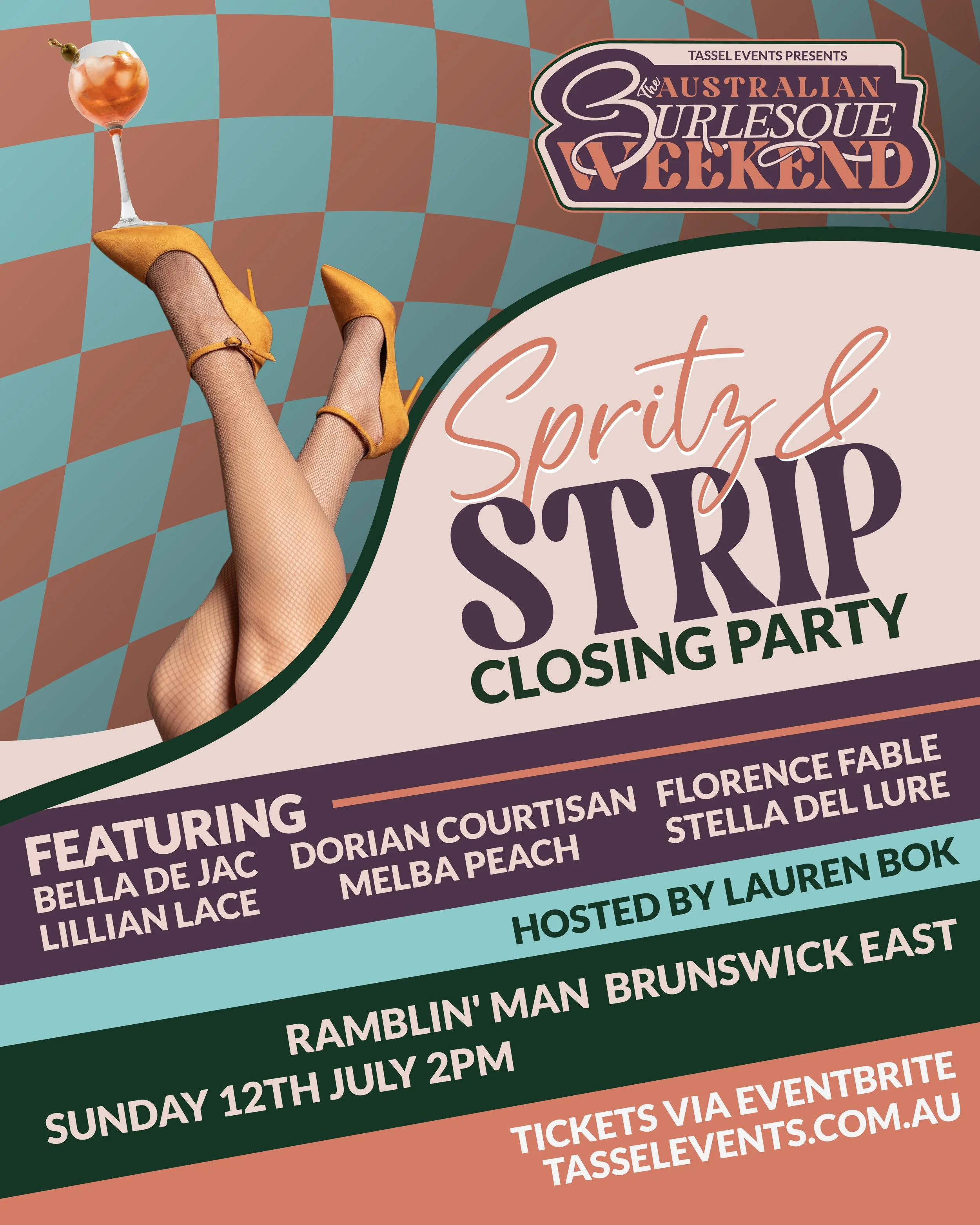 A promotional image for a burlesque show called Spritz and Strip, it features text about the show and legs of a performer in the air with a cocktail balanced on them