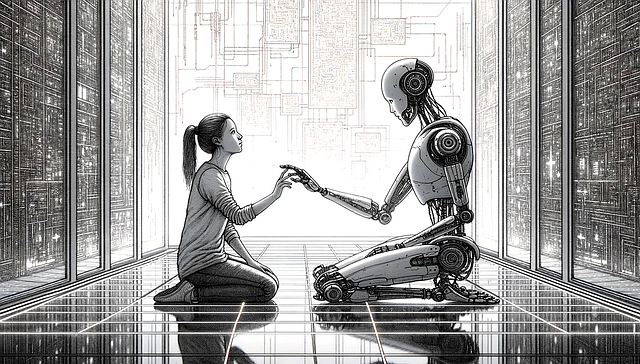 A person kneeling on the ground reaching out to a robot that is also kneeling, in a futuristic technological setting.