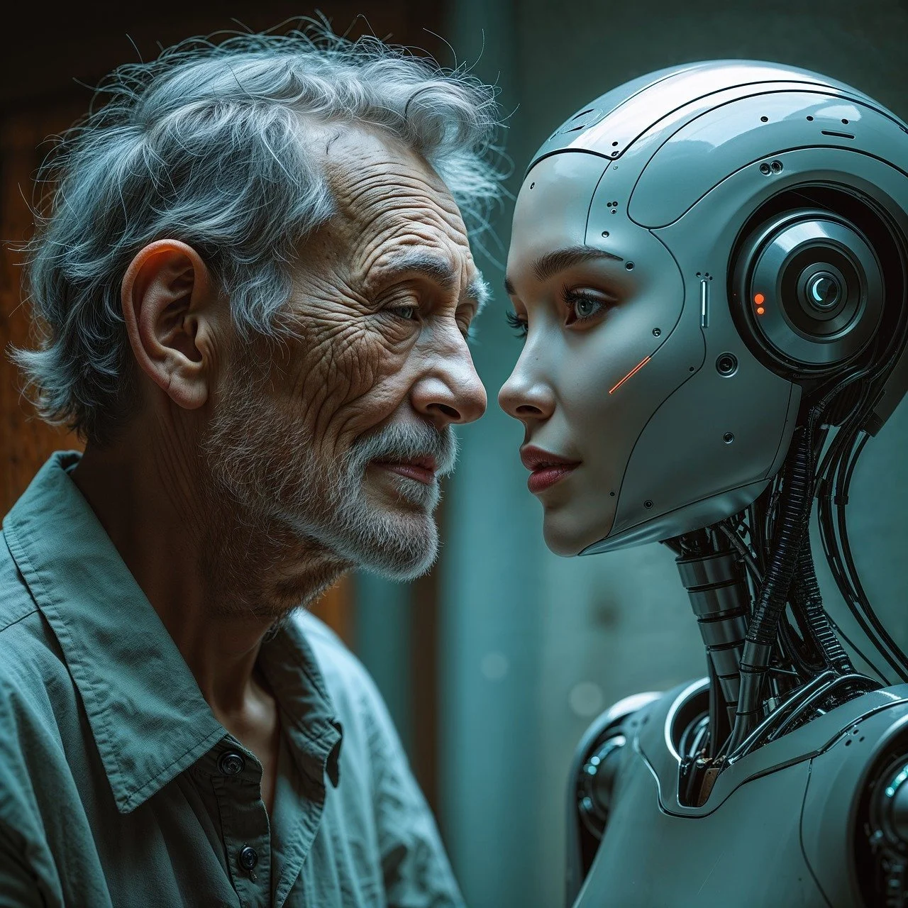 A close-up of an elderly man with gray hair and a beard facing a female humanoid robot with a metallic face and mechanical features. They are nose to nose in an intimate moment.