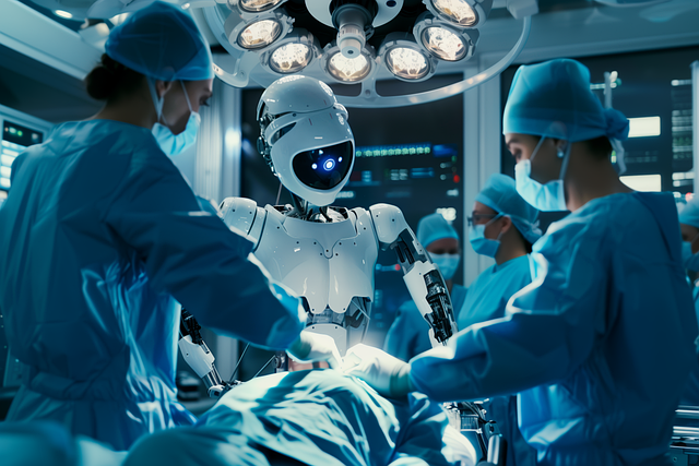Robots and surgeons in an operating room performing surgery, with bright surgical lights overhead.