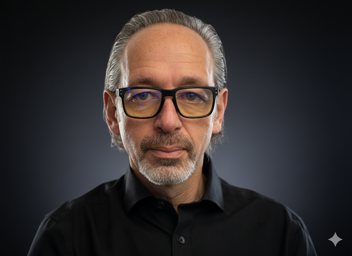 Portrait of a middle-aged man with glasses, gray hair, and a beard, wearing a black shirt against a dark background.